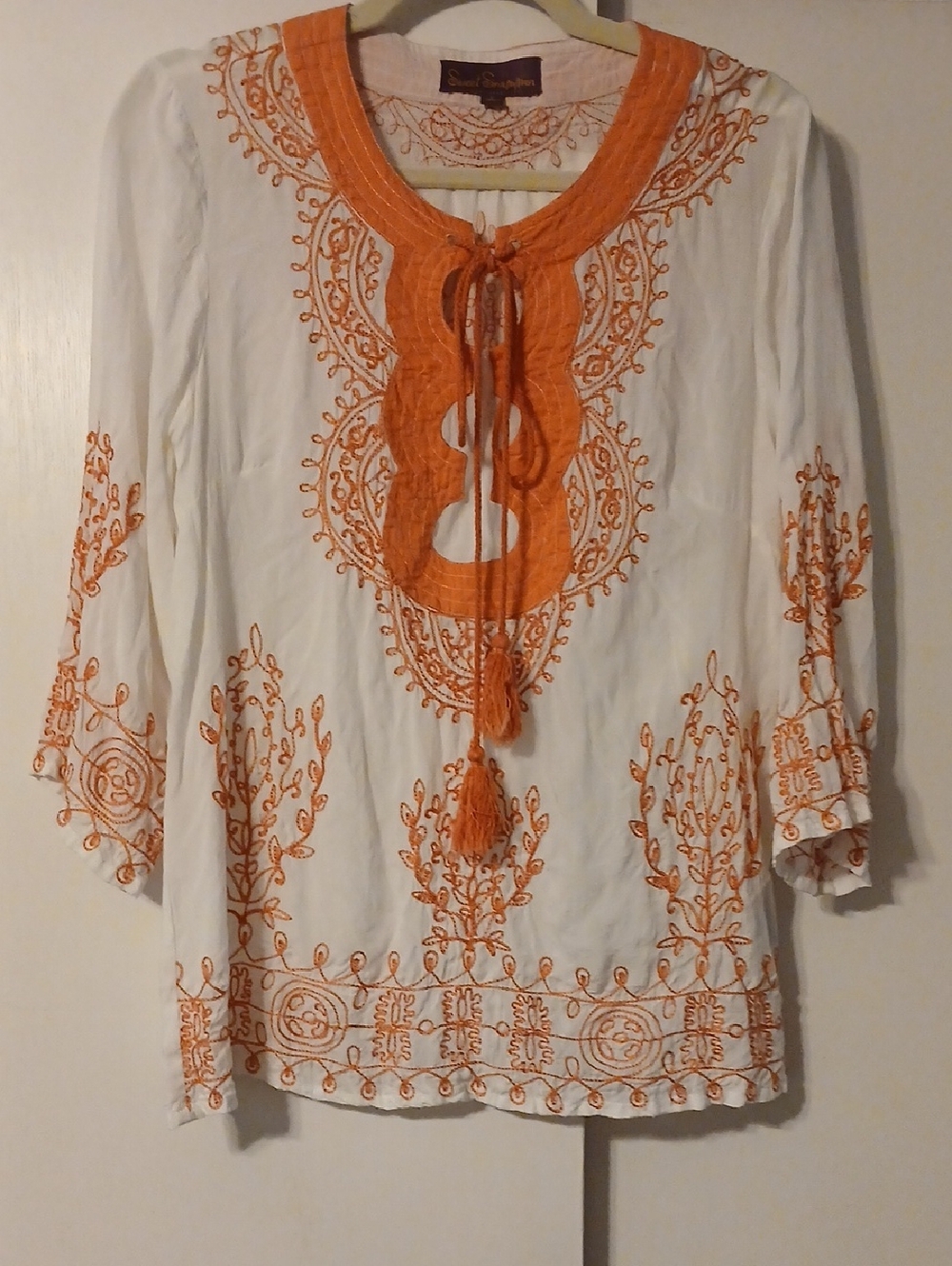 Sweet Sinammon Embroidered Tassel Peasant Blouse - Orange on White in Size Small